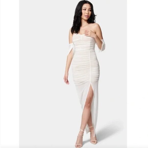 bebe Dresses & Skirts - Bebe Off Shoulder Ruched Mesh Dress NWT